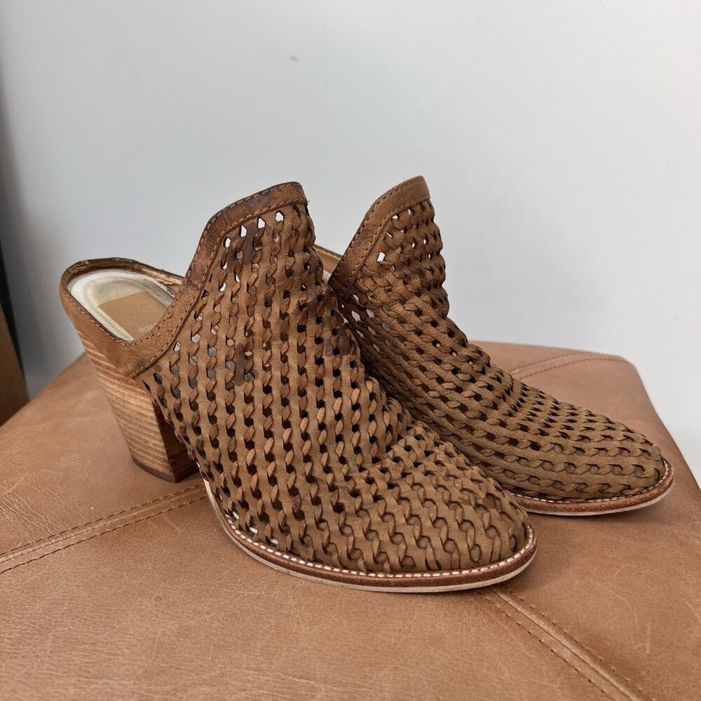 DOLCE VITA Womens Brown Hudson Slip On Leather Heeled Woven Mules Shoes 8